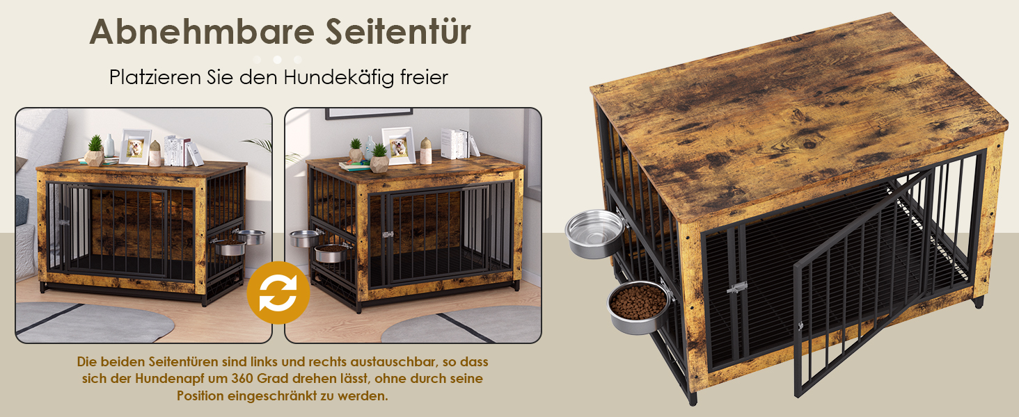 Дерев'яний вольєр для собак, 93x64x58 см, з піддоном та мисками, для собак середніх та маленьких порід (до 40 кг), білий (колір дерева)