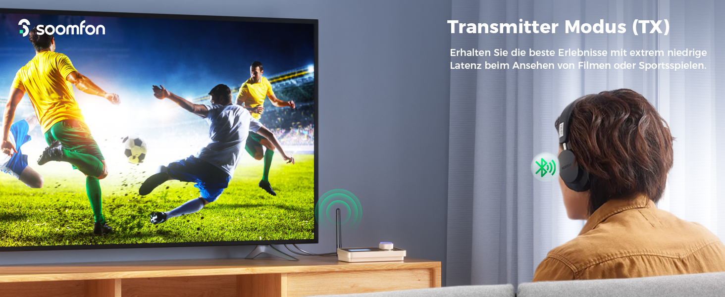 SOOMFON Bluetooth 5.2 Передавач/Приймач: Адаптер 3-в-1 для TV, Аудіосистеми, Навушників, Підтримка aptX LL & HD, Регулювання гучності, Dual Connection, Aux/Оптичний/RCA