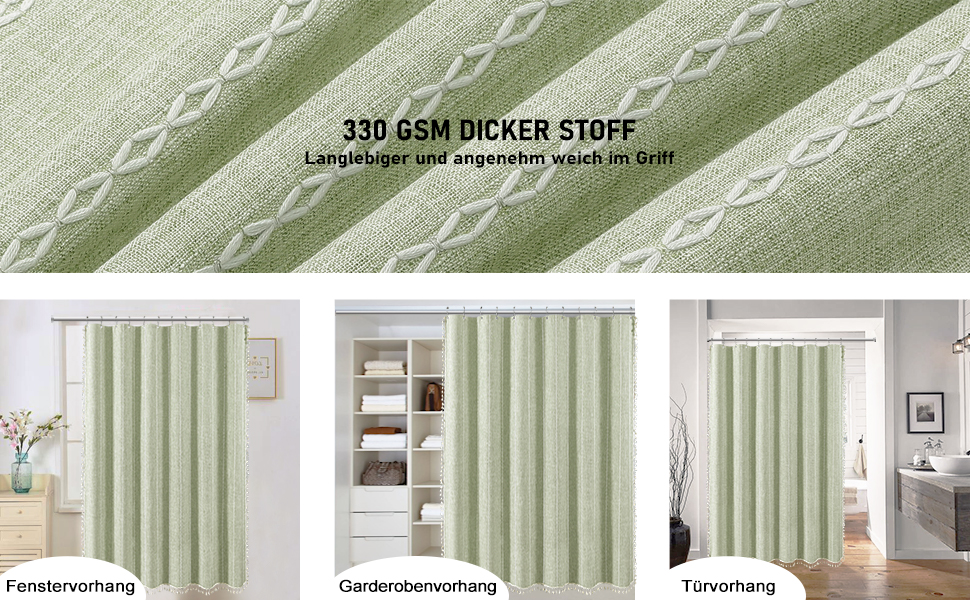 Шторка для душу BTTN 182 x 200 см, Бохо Ферма, важка тканина з рустикальним дизайном та бахромою, Водостійка, з 12 гачками, (Зелений, смугастий, H200 x B180 см (1 шт))