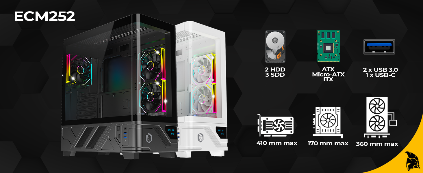 Корпус для ПК Empire Gaming ECM252 Mid Tower з цифровим дисплеєм (температура CPU/GPU, RPM) - 3 ARGB вентилятори - ATX/Micro-ATX/ITX - USB C (Чорний)