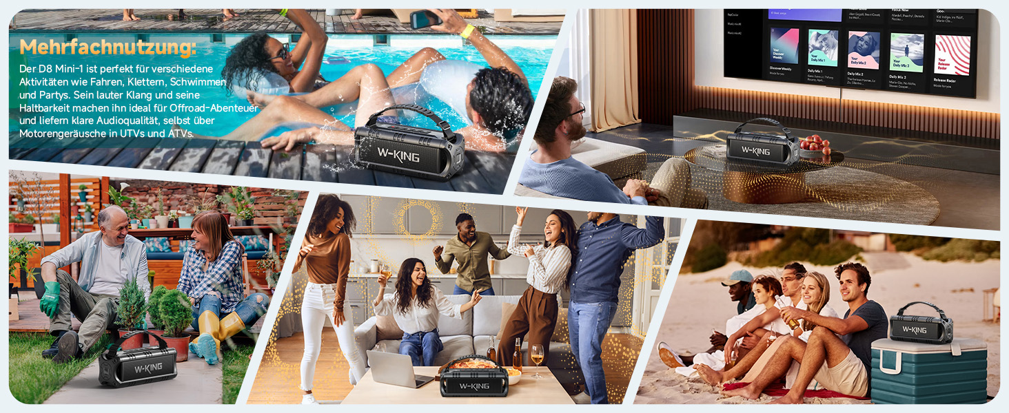 W-KING Bluetooth колонки: портативна, водонепроникна (IPX6), 60W, 24 години роботи, TF карта, USB, AUX, чорний