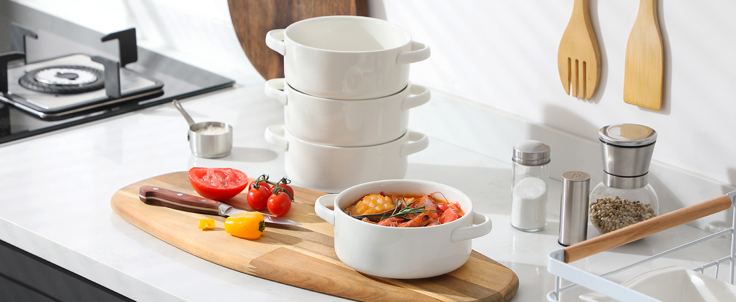 MALACASA Набір супових тарілок з ручками, 800 мл, 4 шт, порцеляна, білий, для французької цибулевої супи, каші та рагу