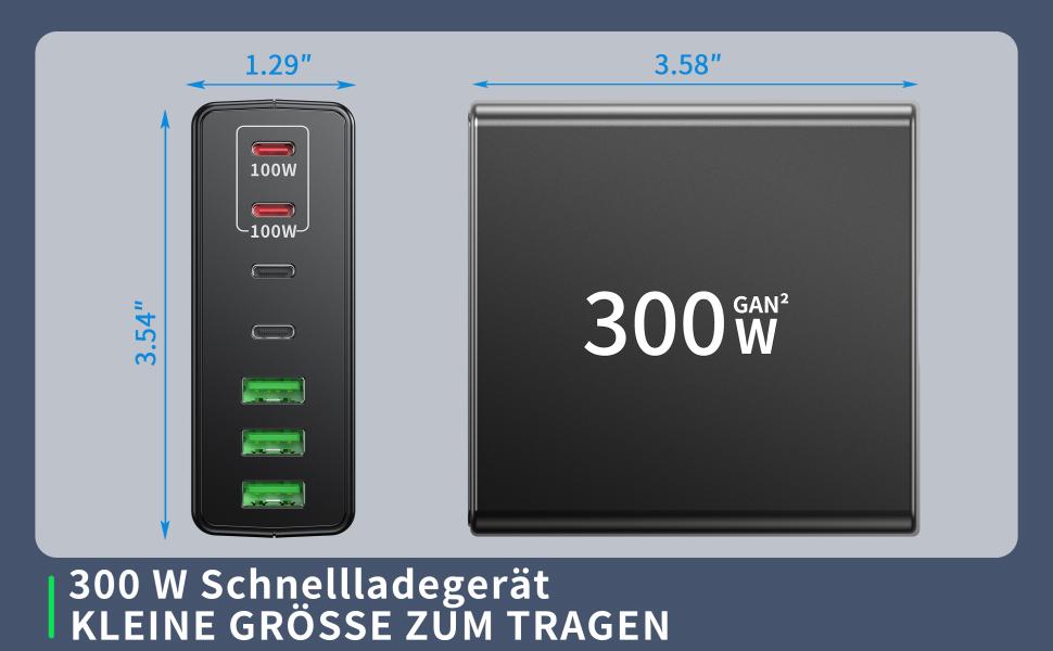 Зарядний пристрій FINIBO USB-C 300W: 7 портів (4 USB-C + 3 USB-A), швидка зарядка, Dual-PD PPS, для MacBook Pro/Air, iPad Pro/Air, Samsung (Чорний)