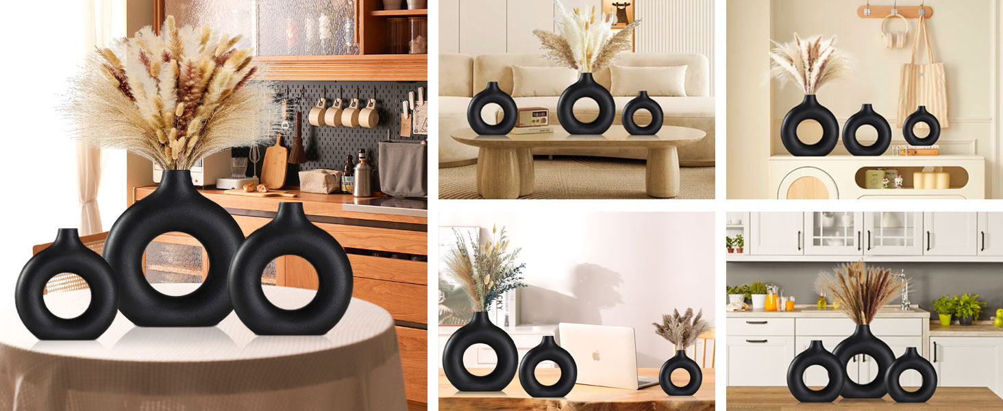 Набір ваз для квітів - 2 шт. з кераміки, білі, для декору будинку, сухоцвітів, Pampas grass, подарунок, малі та середні розміри (чорний)