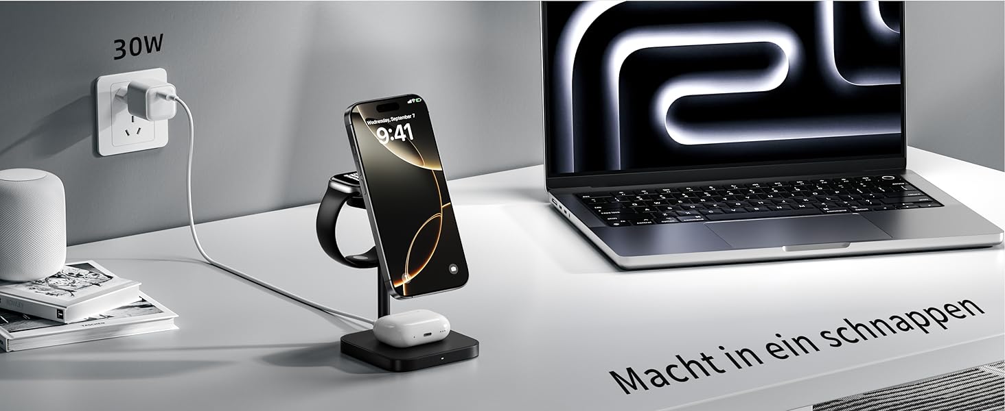 Станція зарядки LULULOOK Qi2 MagSafe 3-в-1 з алюмінію для Apple Watch та iPhone, 15W швидка зарядка для iPhone 17 Pro Max/17 Pro/17 Air/17, 5W для Apple Watch Ultra, AirPods, Титан (Чорний)