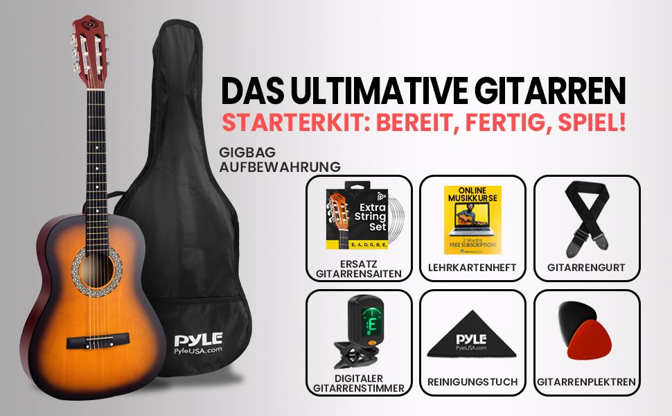 Акустична гітара Pyle для дітей та початківців, ½ розміру, з аксесуарами (сумка, тюнер, медіатор), чорний матовий сонцевий бьорст, 91 см
