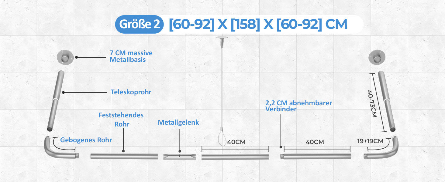Регульована душова штанга U-подібної/L-подібної форми, 60-92 x 78-196 x 60-92 см, з 12 кільцями для шторки та підпоркою для стелі, для ванни/ванної кімнати, срібна