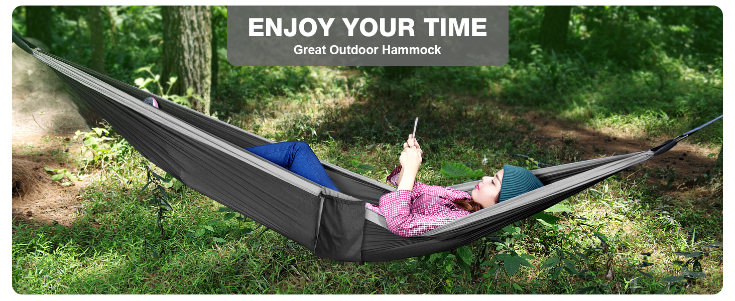 Гамак дорожній Camping 295x140 см, вантажність 350 кг, з карабінами та ременями, чорно-сірий