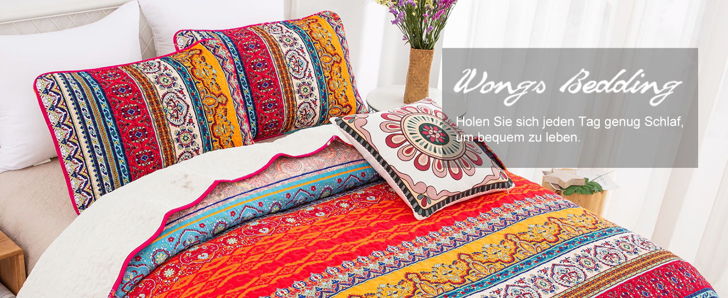 Покривало WONGS BEDDING Boho 220x240 см, мікрофібра, 3 предмети: стьобане покривало на двоспальне ліжко та 2 наволочки 50x70 см, для спальні або дивана (Богемний стиль)