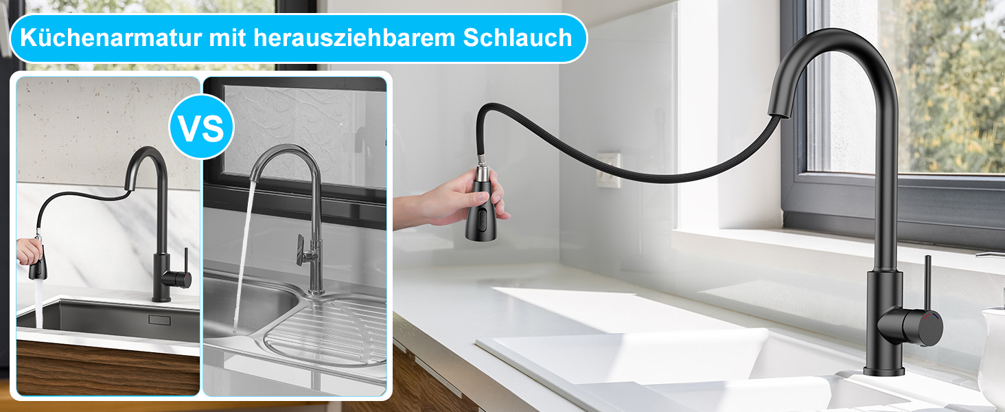 Змішувач кухонний висувний з нержавіючої сталі з 360° обертанням та 4 режимами, для кухонних мийок, з ABS-розпилювачем, підходить лише для ЄС (G3/8)