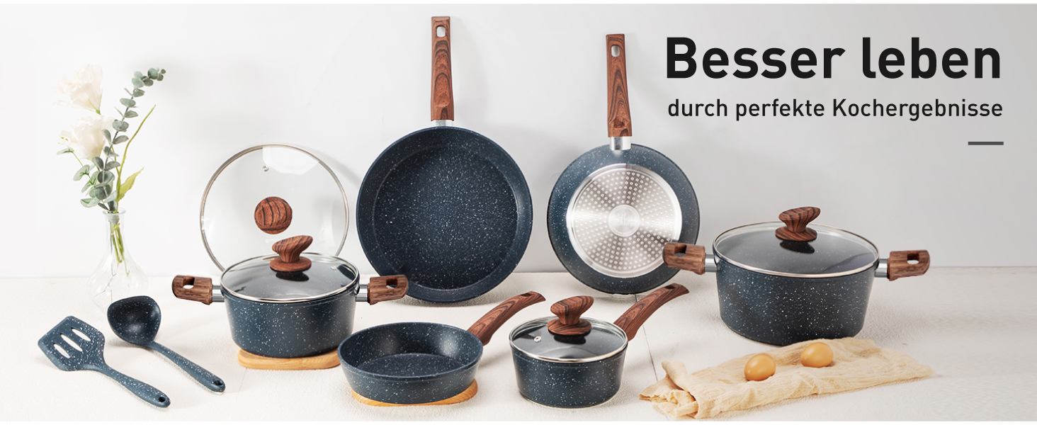 Набір посуду для індукційної плити DishDelight Granit 12 предметів з антипригарним покриттям блакитного кольору (каструлі, сковороди з кришками)