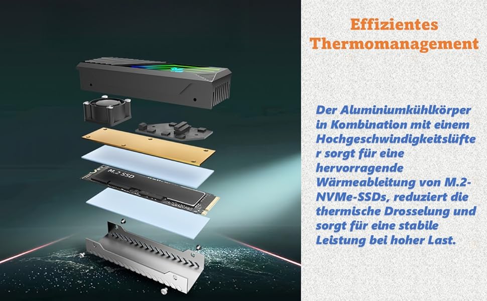 Радіатор охолодження M.2 NVMe SSD Baotkere з RGB підсвічуванням та вентилятором, чорний