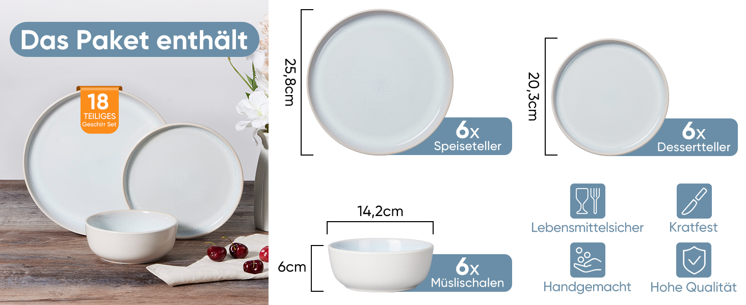 Набір посуду HaWare на 6 осіб, 18 предметів: тарілки, десертні тарілки, миски, бежевий колір. Підходить для мікрохвильової печі та посудомийної машини.