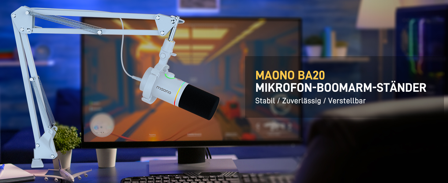 Мікрофонний тримач Maono BA20, чорний: регульований штатив для подкастів, геймінгу, стрімінгу та запису – з кріпленням до столу та адаптером 3/8' - 5/8'