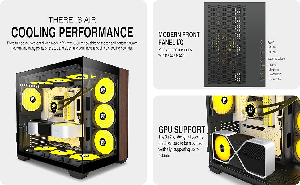 Корпус ПК FOIFKIN M9 з дерев'яною передньою панеллю з горіха, 3 вентилятори PWM ARGB, ATX Mid-Tower для геймінгу, 270° панорамне скло, порт Type-C (Чорний, M9)
