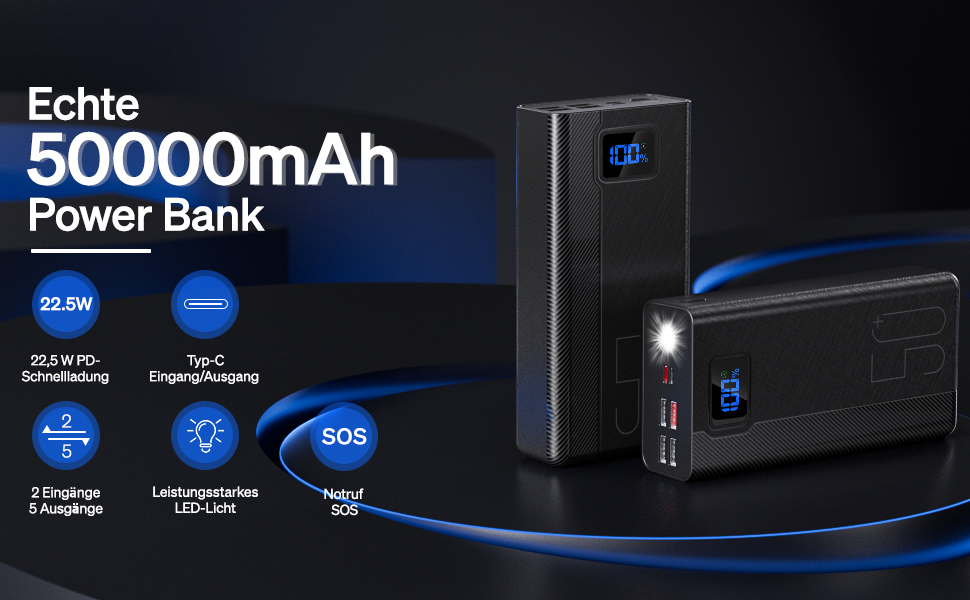 Портативний зарядний пристрій Power Bank 50000mAh з 5 виходами та 3 входами, чорний