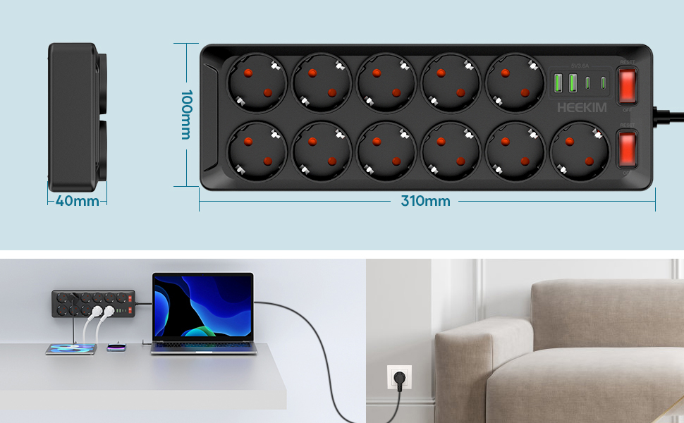 Многорозетка з USB, 11 розеток, з вимикачем, 2 USB-A та 2 USB-C порти, 4000W, 16A, 2M кабель, для дому, школи, офісу - Чорний