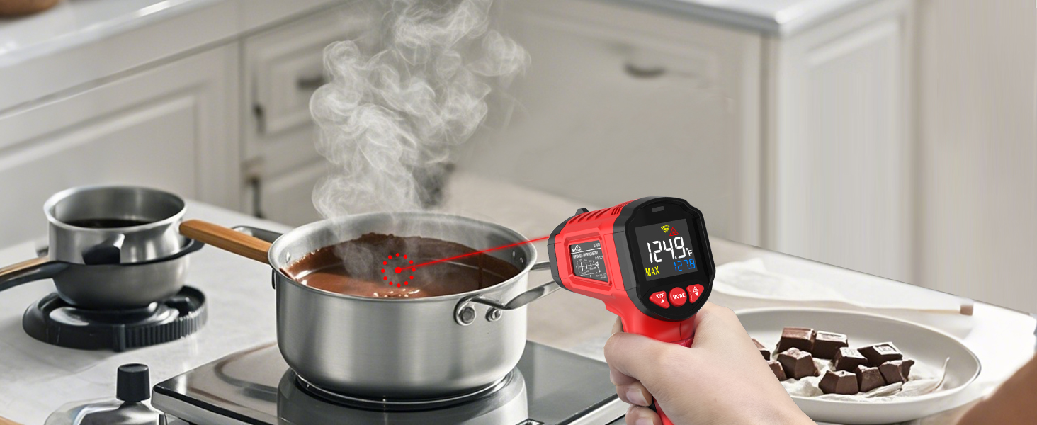 Інфрачервоний термометр SQECH з лазером, -50℃~600℃, регульований емісійний коефіцієнт, кольорова підсвітка, для кухні, піца-печі, холодильника, промисловості (червоний)