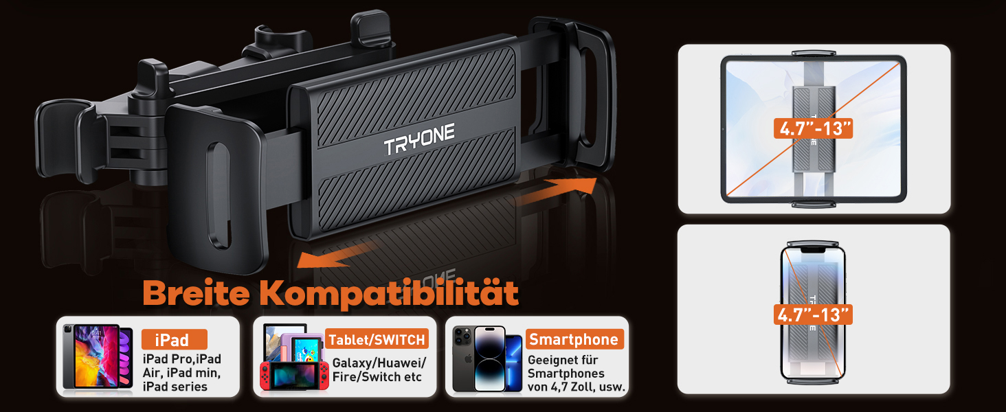 Тримач для планшета в автомобіль TRYONE на підголівник, розсувний кронштейн для iPad, Samsung Galaxy Tab, Kindle Fire, Nintendo Switch (4.7-11 дюймів), чорний