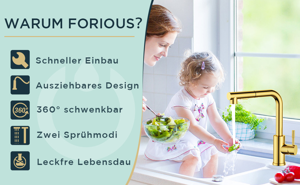 Змішувач для кухні FORIOUS з висувною лійкою та душем, 360° обертання, 2 режими, матовий золотий