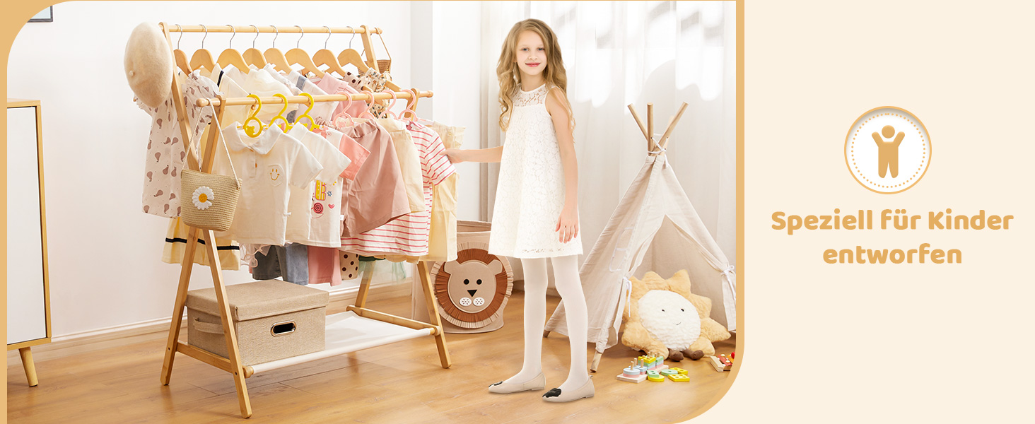 Дитяча вішалка для одягу Yorbay з бамбука, регульована подвійна штанга, з полицями для зберігання, економія місця, натуральний колір