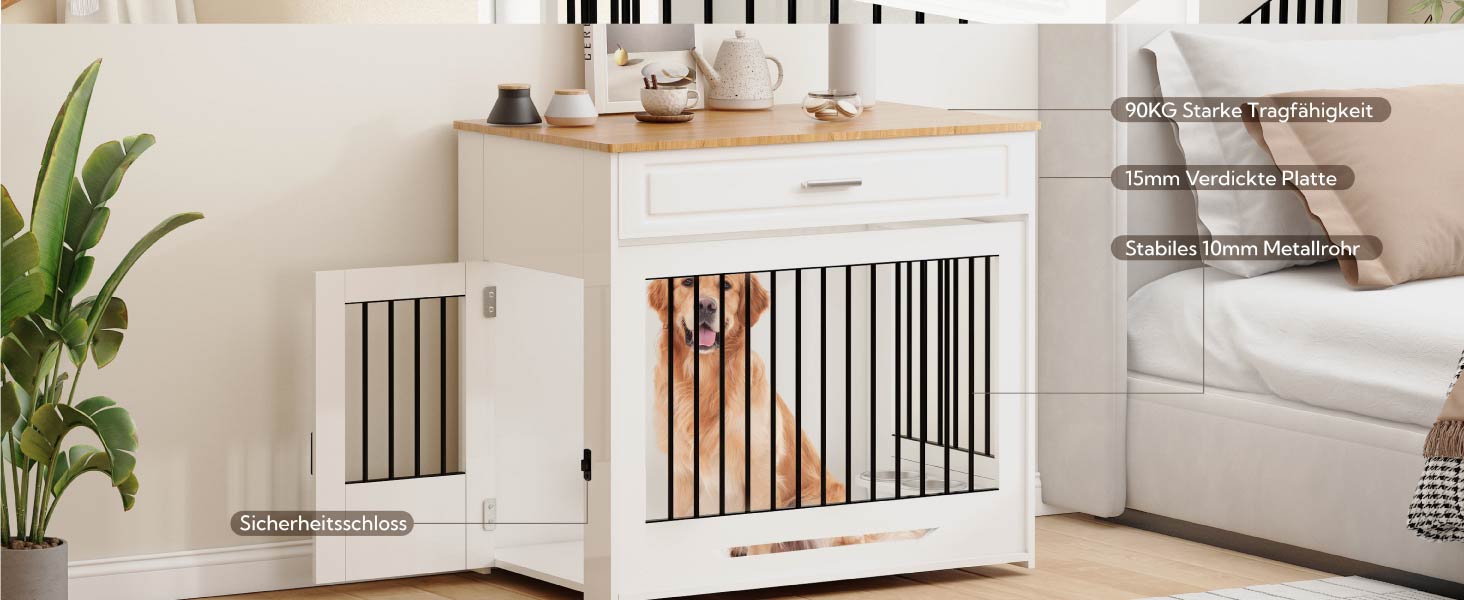 DAWNYIELD Wooden Dog Crate Furniture with Top Opening Door and Drawer - Stylish Indoor Dog Kennel End Table with 360° Swivel Dog Bowl - White