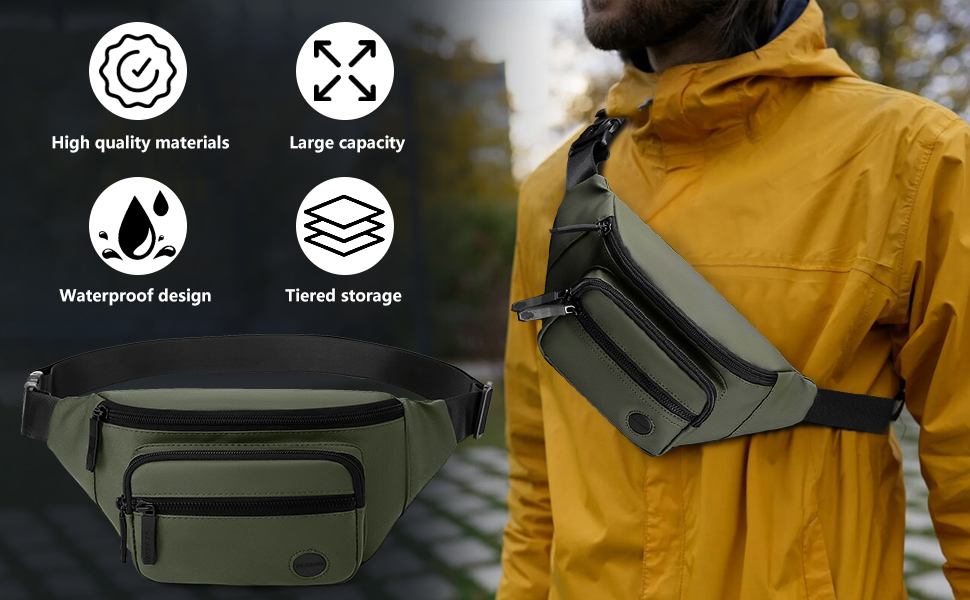 Чоловіча та жіноча бананка, водонепроникна, поясна сумка, стильна бананка з 4 відділеннями на блискавці, для подорожей, піших прогулянок, активного відпочинку (хакі)