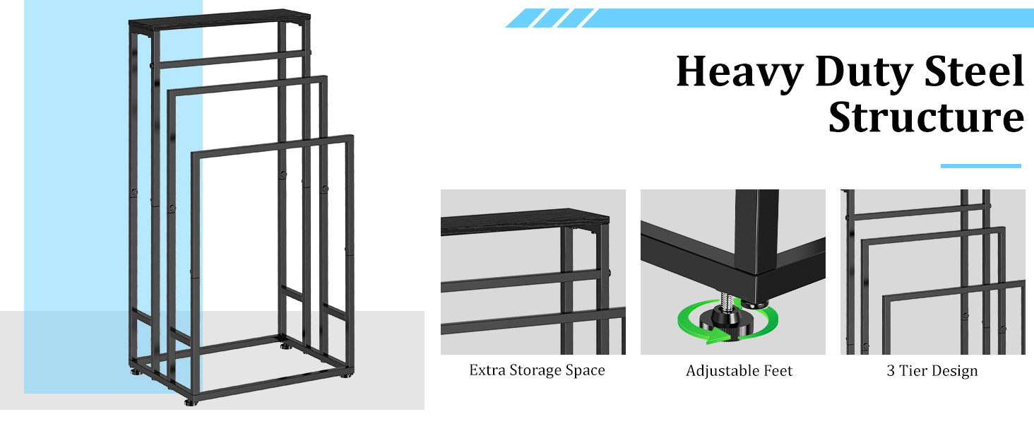 Підставка для рушників стояча, 3-ярусна з полицею з дерева, металева з регульованими ніжками, для ванної кімнати та спальні, 40x30x82 см, чорна