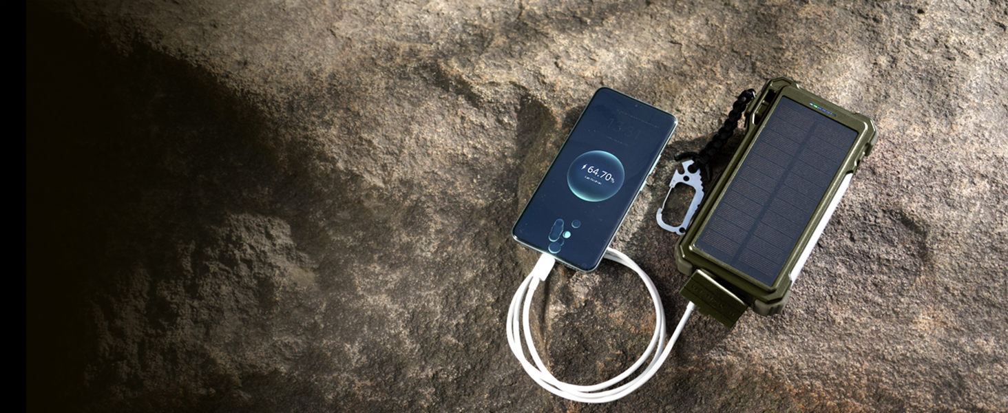 Портативний зарядний акумулятор BLAVOR Solar 20000mAh з кабелем, 20W, сонячний, USB-C, для телефонів та Apple Watch, з ліхтариком та карабіном, оранжевий