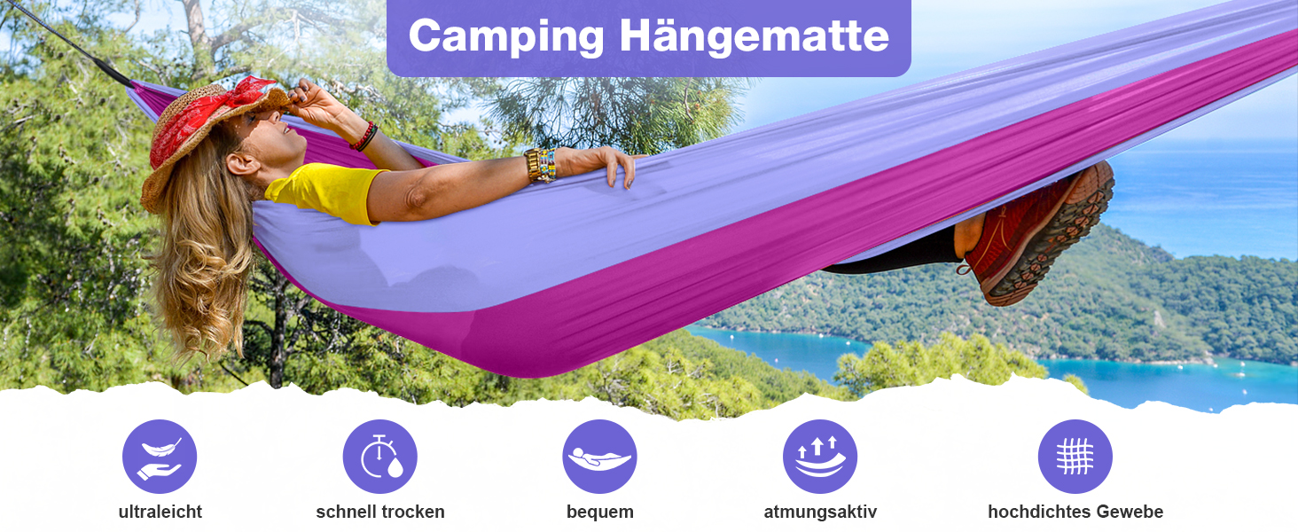 Гамак дорожній подвійний 295x140 см, рожево-ліловий, вантажопідйомність 350 кг - з карабінами та ременями для кріплення