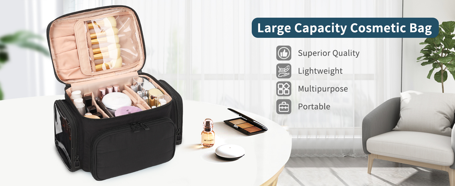 Косметичка для подорожей, велика, чорна: органайзер для макіяжу з відділенням для пензлів, дамська косметичка