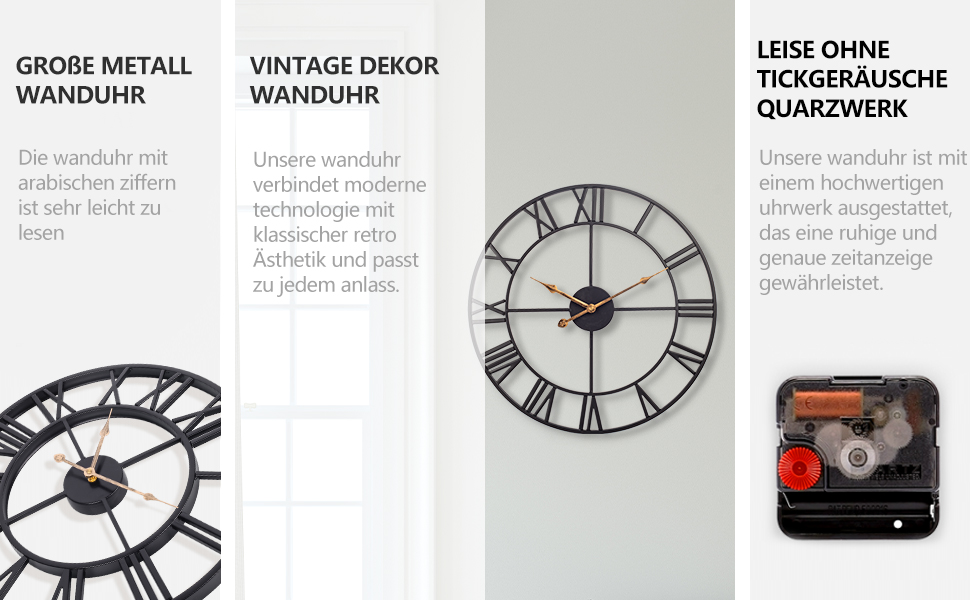 Large Wall Clock, European Industrial Vintage Wall Clock with Roman Numerals, Silent No Ticking Sounds Metal Wall Clock, Decorative Wall Clock for Living Room, Kitchen, Bedroom - 35cm, Black