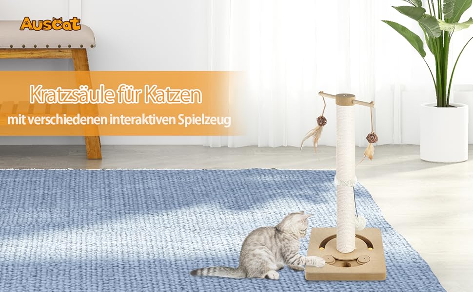 Котяча кігтеточка AUSCAT з іграшками, 63 см, бежева. Кігтеточка-стовп з натурального сизалю в сучасному дизайні