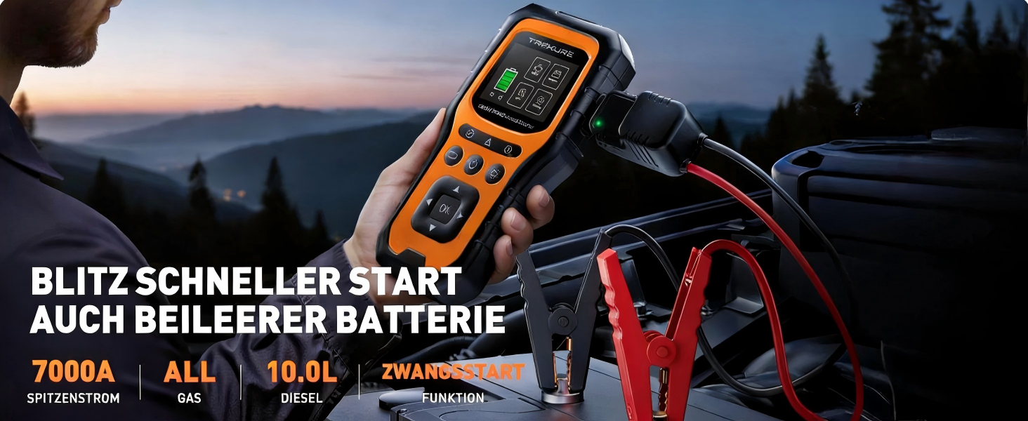 TREKURE 7000A Пусковий пристрій (Powerbank) для авто з тестером акумулятора та OBD2 діагностикою – 12V для бензину/дизеля до 10л, LED ліхтар, аварійний інструмент для легкових авто