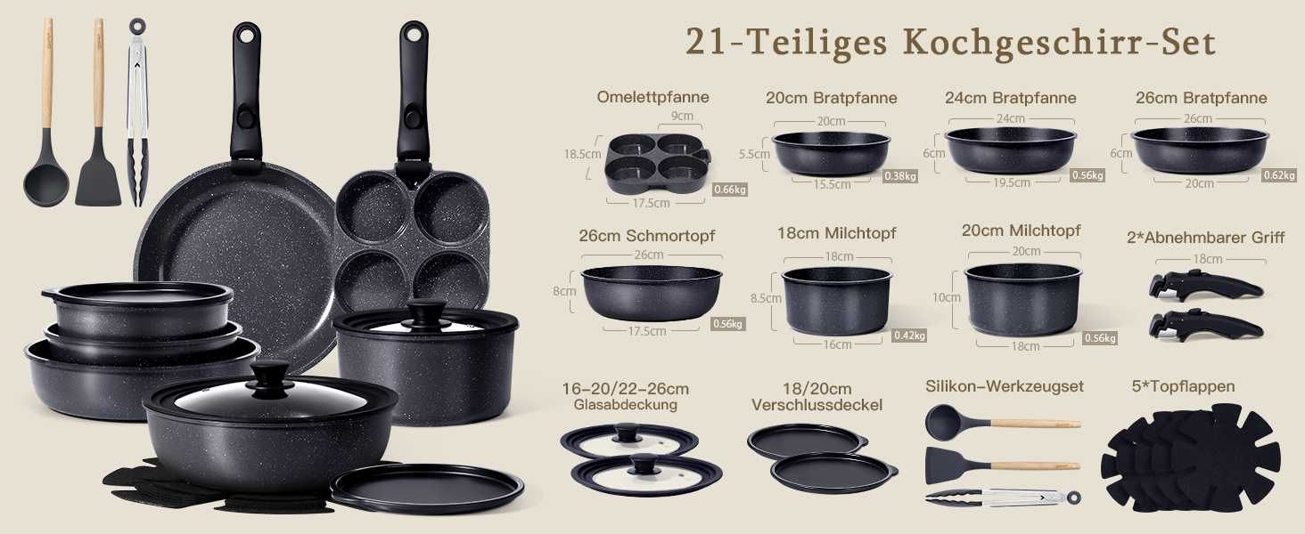 Набір посуду GiPP 21 предмет: сковороди та каструлі з антипригарним покриттям, для всіх типів плит, чорний