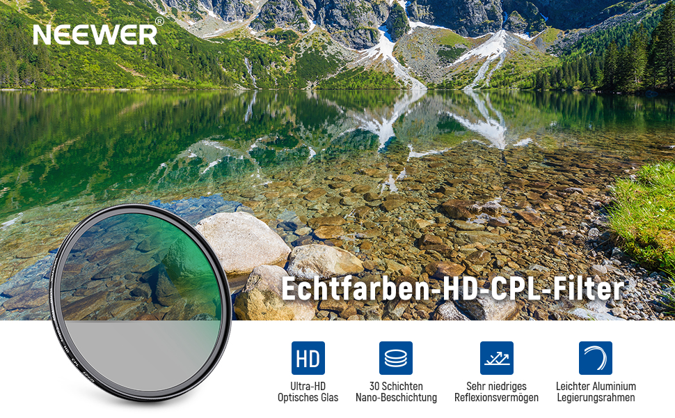 NEEWER 49mm CPL Поляризаційний фільтр з оптичним HD склом, двостороннє покриття 30 шарів, алюмінієва рамка, вологостійкий, стійкий до подряпин, антибліковий