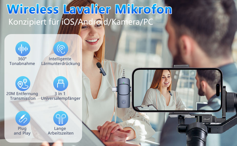 Бездротовий мікрофон Lavalier Mini для телефону/iPhone/Android/ПК/iPad, USB-C, 4-в-1, для відео, стрімінгу, YouTube, TikTok, блогу, подкасту, блакитний