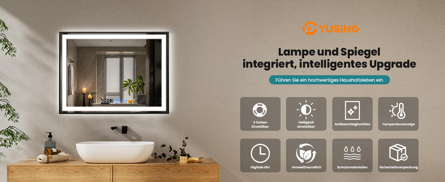 Дзеркало для ванної кімнати YU YUSING 60x80 см з підсвічуванням, проти запотівання, 3 кольори світла, регулювання яскравості, LED, годинник, IP44, металевий каркас, вертикальне, срібне