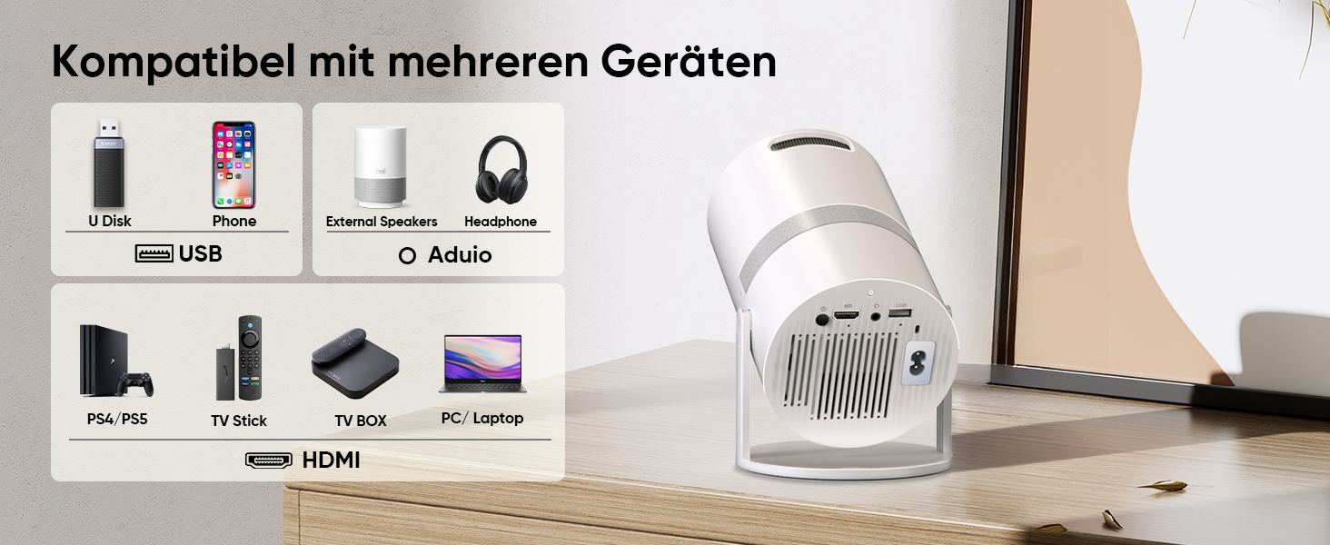 Міні проектор Beamer з автотрапецеїдною корекцією, Android OS, поворот 210°, WiFi 6, Bluetooth, 50% Zoom, Full HD 1080P для дому та на вулицю (сумісний з: смартфоном, Fire TV Stick, ноутбуком, HDMI, USB)