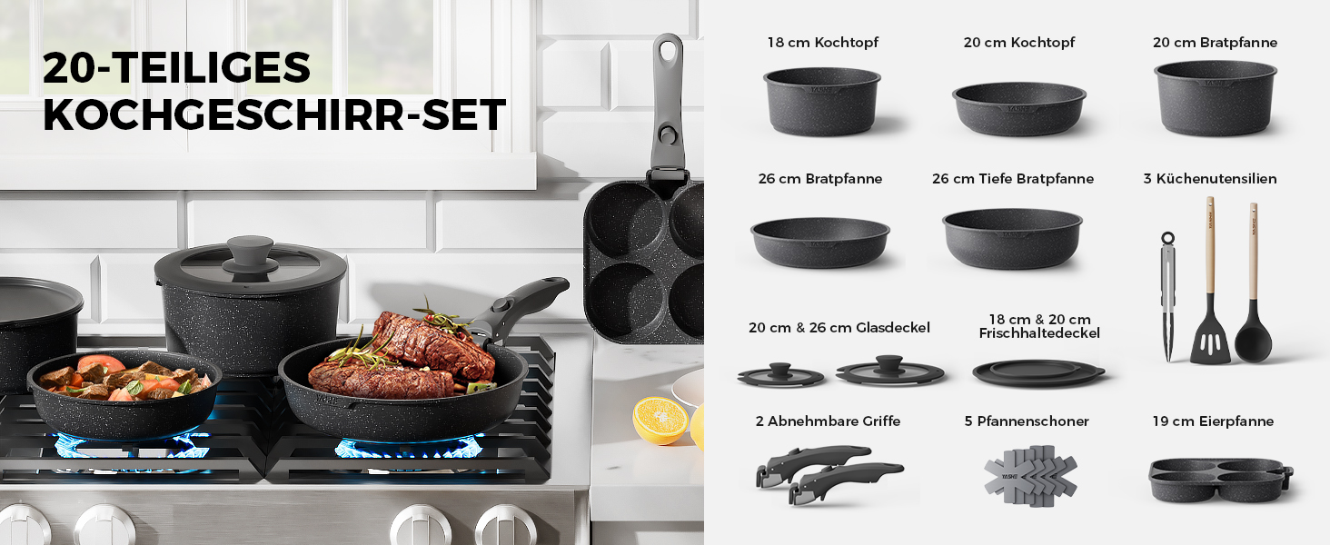 Набір каструль YASHE 20 предметів з антипригарним покриттям, знімні ручки, для індукційних плит, сумісний з духовкою до 230°C, можна мити в посудомийній машині, стійкий, ідеальний для сімей, сірий