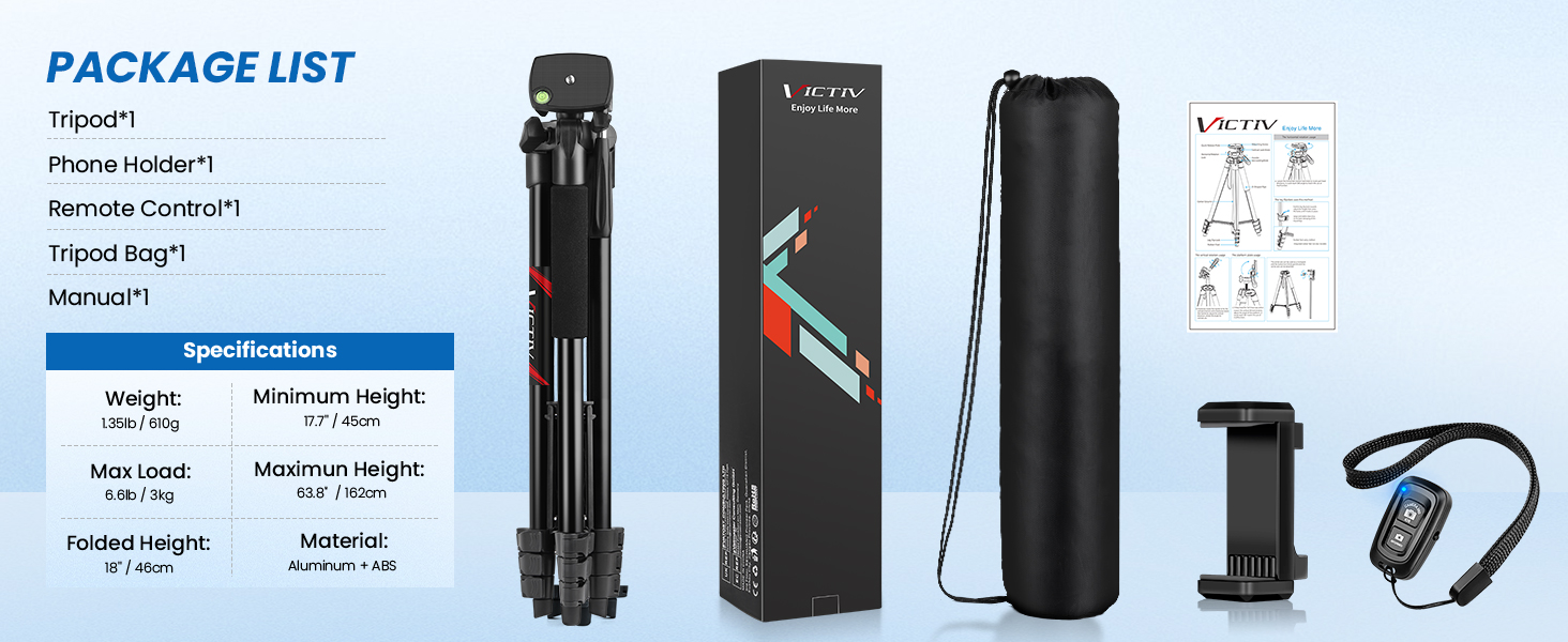 Штатив Victiv 162 см: розширюваний штатив з пультом для iPhone/Samsung/Huawei, для смартфонів та легких камер, 3-х стороння головка