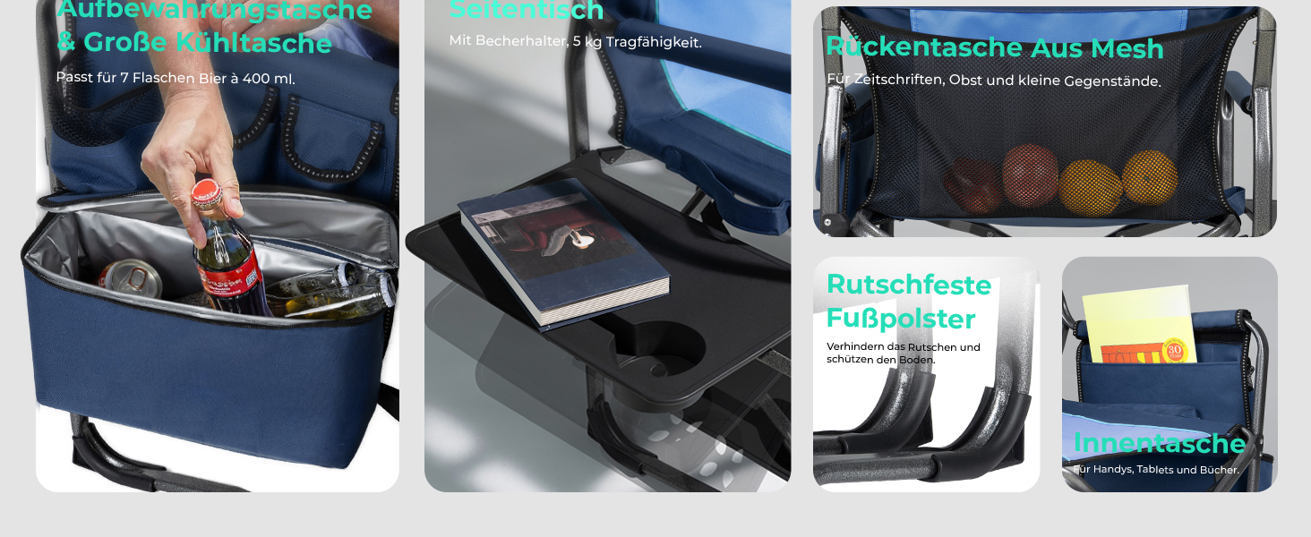 Кемпінговий стілець OVERMONT складний з бічним столиком та охолоджувальною сумкою, до 180 кг, синій