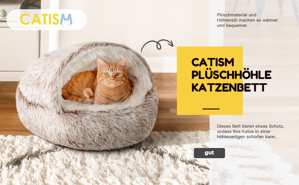 CATISM М'яке котяче ліжко 50 см, пухнаста лежанка для великих котів та кошенят, прана, комфортна, кава, також для собак