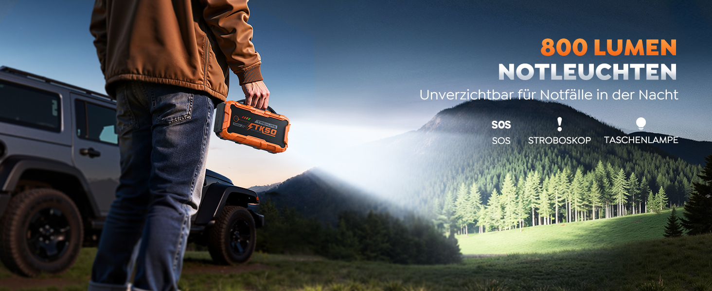 Powerbank для автомобіля 8000A Starthilfe (бензин/дизель 12.0L), 26800mAh, 12V пусковий пристрій з ліхтарем 800 люмен, 2xUSB, посилені кабелі, помаранчевий