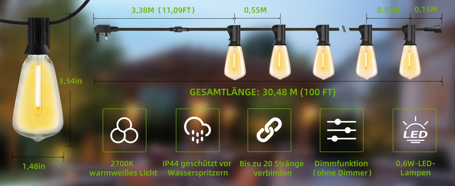 Ланцюжок прикрас AzureStar 15м LED для вулиці: 25+1 ST38, IP44, подовжуваний, 2700K