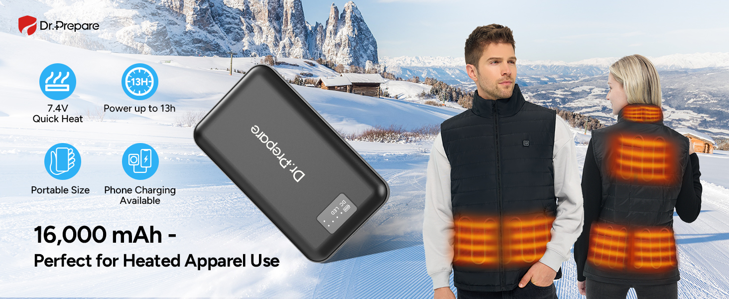 Powerbank Dr.Prepare 16000 mAh: заряд для обігрівальної жилетки, телефону, планшета, маски для очей, вентилятора. 3 виходи: USB, Type-C (In/Out), DC 5V/7.4V
