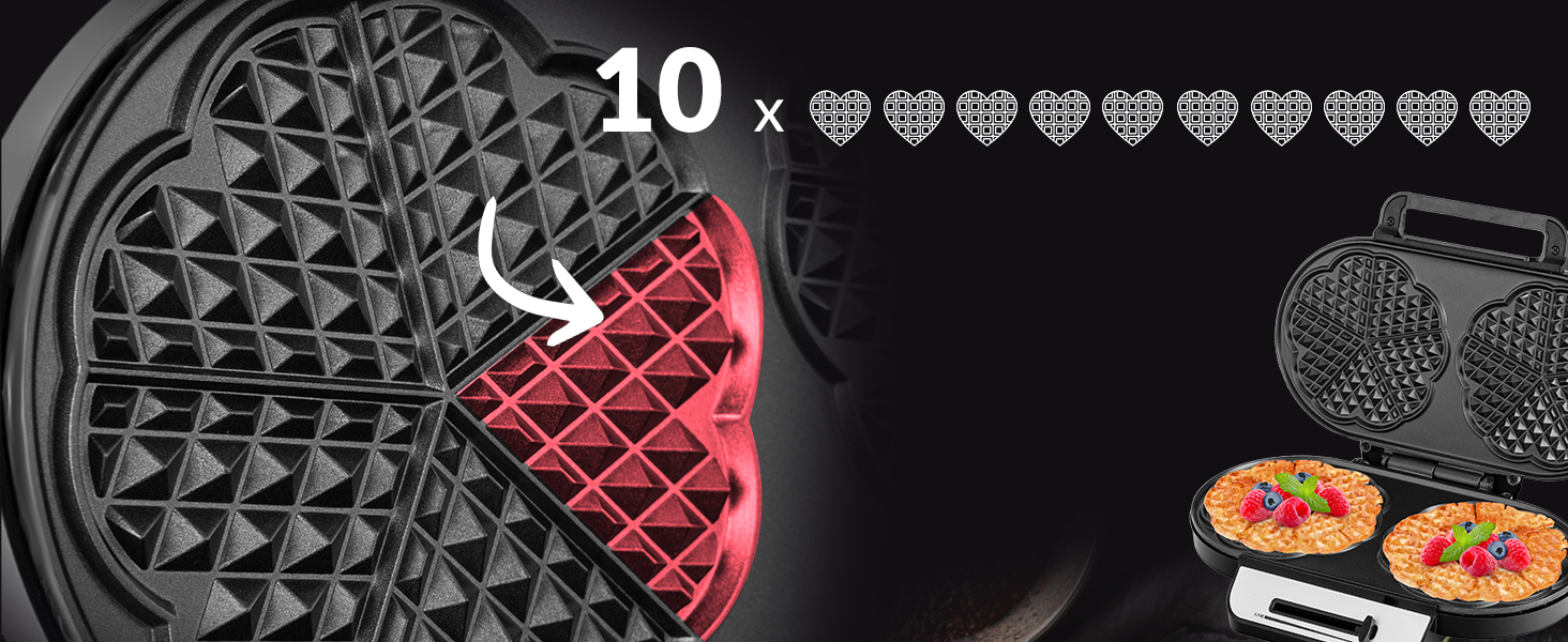 Вафельниця LEHMANN Doppel Waffeleisen Herzform - для випікання 10 вафель у формі серця, з антипригарним покриттям, регулюванням температури, індикатором нагріву, 1200W, чорний/срібний