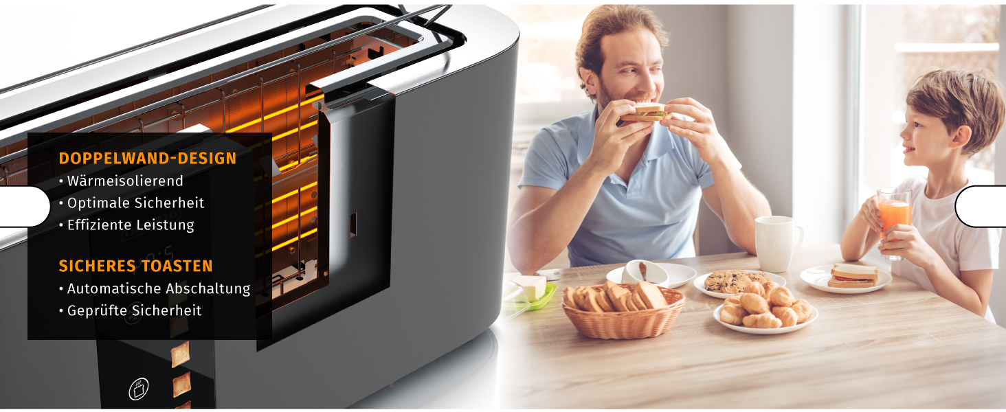 Тостер Arendo з нержавіючої сталі, 2 відділення, довгий проріз, сенсорний дисплей, подвійні стінки, насадка для тостів, 6 ступенів підсмажування, центрування хліба, індикатор часу, функція пам'яті, чорний (B: Cool Grey)