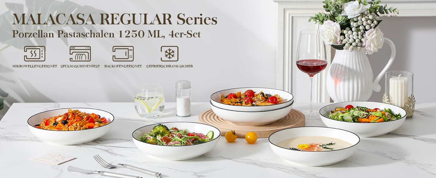 MALACASA Набір посуду 6 предметів: тарілки для пасти, супу, салату, сервірування. Глибокі тарілки для спагеті, велика супова миска. 1250 мл, білий з чорним обідком. Кераміка, преміум якість.