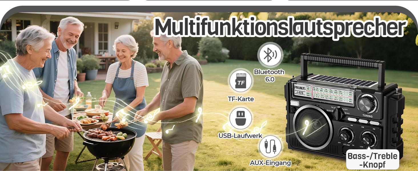 Портативне радіо PRUNUS J-02 AM/FM/SW: сонячне радіо з акумулятором 1800mAh, Bluetooth 6.0, TF-карта, USB, 2 антени
